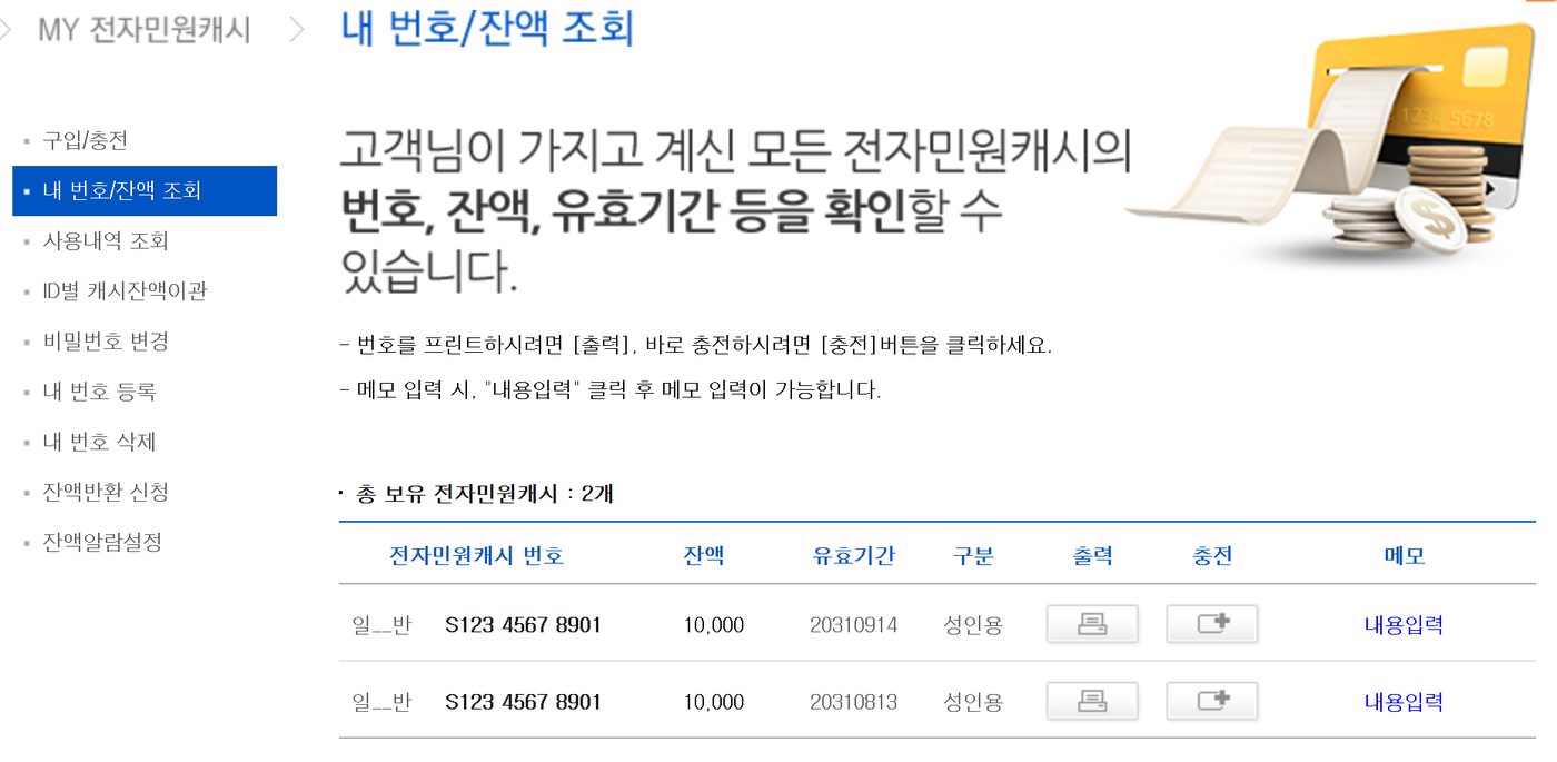 내 번호/잔액 조회 화면. 보유한 전자민원캐시 번호, 잔액, 유효기간과 출력·충전 버튼이 표로 나온다.